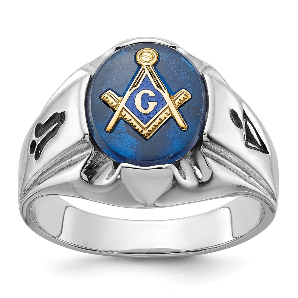 Solid;Polished;14K White gold;Closed back;Antique finish;Synthetic;Avail. in 10k yellow gold;Avail. in 18k yellow gold;Avail. in 14k yellow gold;Avail. in platinum;Not engraveable;Sizing 2-3 weeks;Avail. in 10k white gold;Avail. in 18k white gold;Mens;Simulated blue spinel