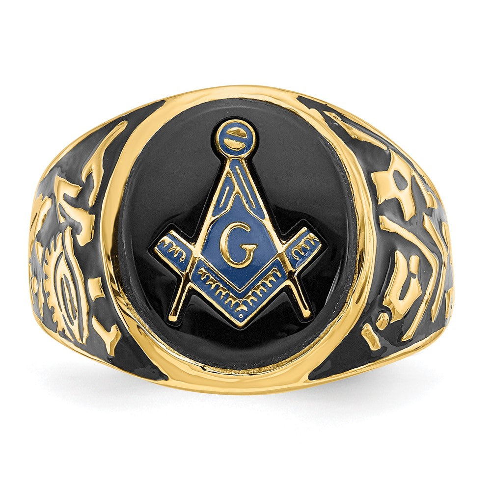 14k Men's Polished and Textured with Black Enamel and Oval Onyx Masonic Ring