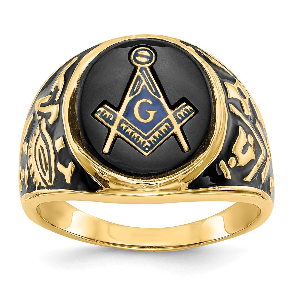 Solid;Polished;14k Yellow gold;Open back;Antique finish;Onyx;Avail. in 10k yellow gold;Avail. in 18k yellow gold;Avail. in 14k white gold;Avail. in platinum;Not engraveable;Sizing 2-3 weeks;Avail. in 10k white gold;Avail. in 18k white gold;Mens