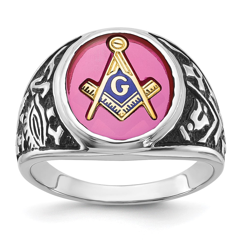 Solid;Polished;14K White gold;Open back;Antique finish;Synthetic;Avail. in 10k yellow gold;Avail. in 18k yellow gold;Avail. in 14k yellow gold;Avail. in platinum;Not engraveable;Sizing 2-3 weeks;Avail. in 10k white gold;Avail. in 18k white gold;Mens;Simulated ruby