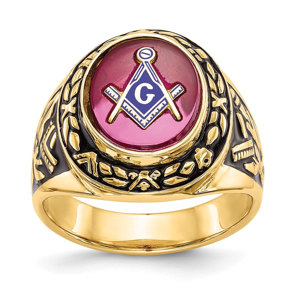 Solid;Polished;14k Yellow gold;Closed back;Antique finish;Synthetic;Avail. in 10k yellow gold;Avail. in 18k yellow gold;Avail. in 14k white gold;Avail. in platinum;Not engraveable;Sizing 2-3 weeks;Avail. in 10k white gold;Avail. in 18k white gold;Mens;Simulated ruby
