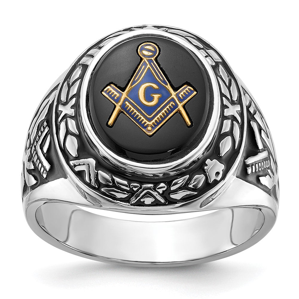 Solid;Polished;14K White gold;Open back;Antique finish;Onyx;Avail. in 10k yellow gold;Avail. in 18k yellow gold;Avail. in 14k yellow gold;Avail. in platinum;Not engraveable;Sizing 2-3 weeks;Avail. in 10k white gold;Avail. in 18k white gold;Mens