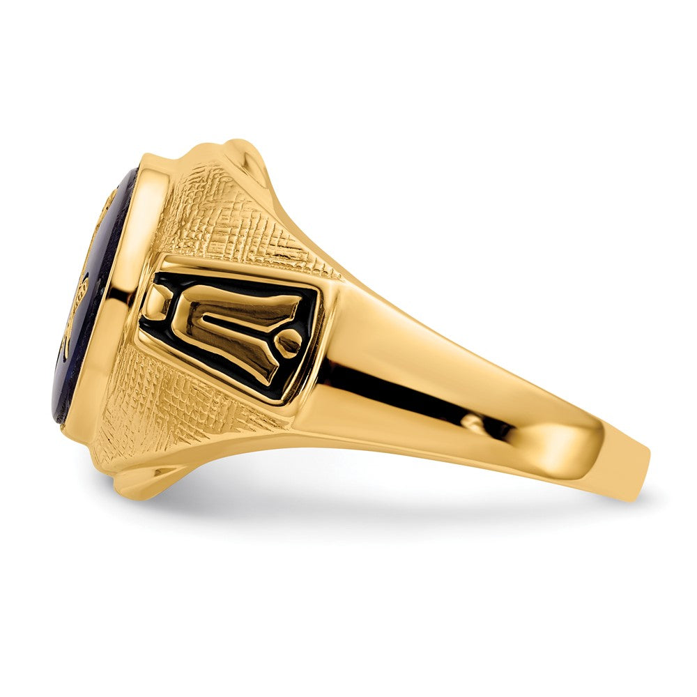14k Men's Polished, Antiqued and Textured with Synthetic Blue Spinel Masonic Ring