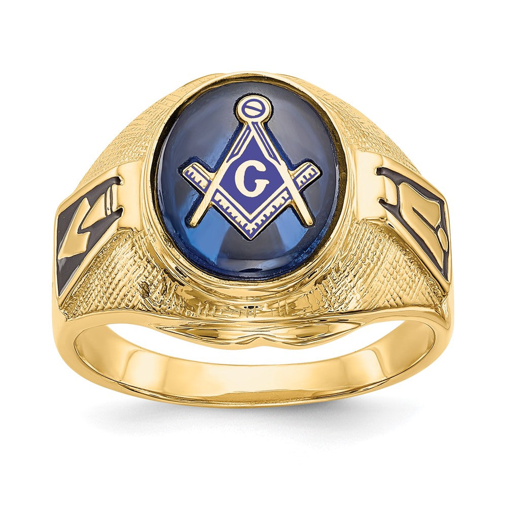 Solid;Polished;14k Yellow gold;Closed back;Antique finish;Synthetic;Avail. in 10k yellow gold;Avail. in 18k yellow gold;Avail. in 14k white gold;Avail. in platinum;Not engraveable;Sizing 2-3 weeks;Avail. in 10k white gold;Avail. in 18k white gold;Mens;Simulated blue spinel