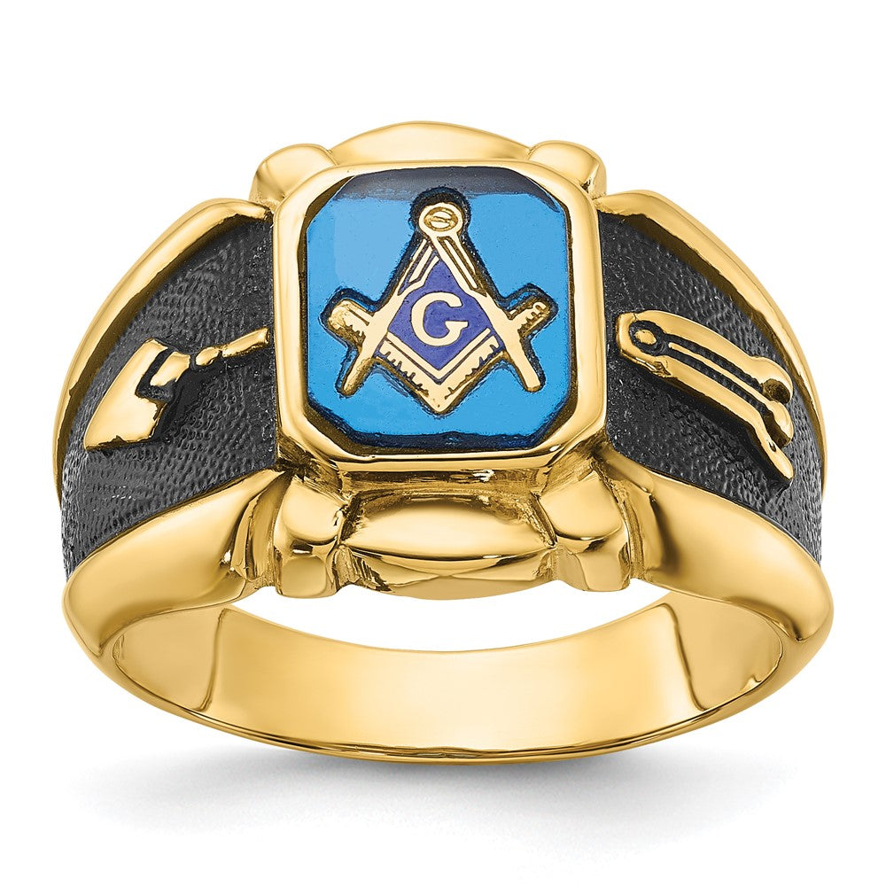 Solid;Polished;14k Yellow gold;Open back;Antique finish;Synthetic;Avail. in 10k yellow gold;Avail. in 18k yellow gold;Avail. in 14k white gold;Avail. in platinum;Not engraveable;Sizing 2-3 weeks;Avail. in 10k white gold;Avail. in 18k white gold;Mens;Simulated blue spinel