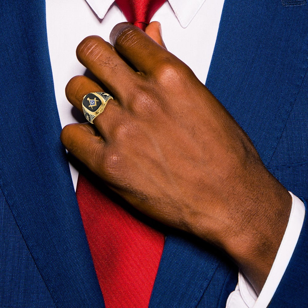 14k Men's Polished, Antiqued and Textured with Onyx Masonic Ring