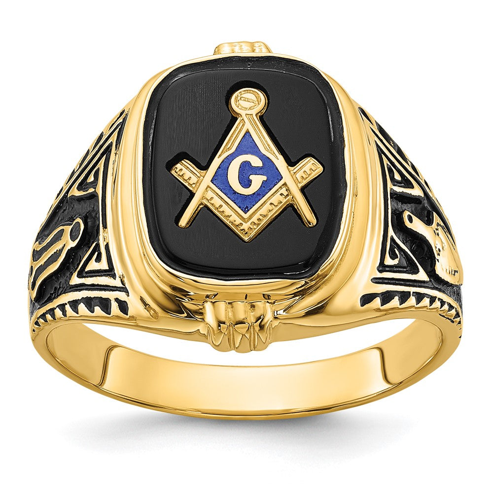 Solid;Polished;14k Yellow gold;Closed back;Antique finish;Onyx;Avail. in 10k yellow gold;Avail. in 18k yellow gold;Avail. in 14k white gold;Avail. in platinum;Not engraveable;Sizing 2-3 weeks;Avail. in 10k white gold;Avail. in 18k white gold;Mens