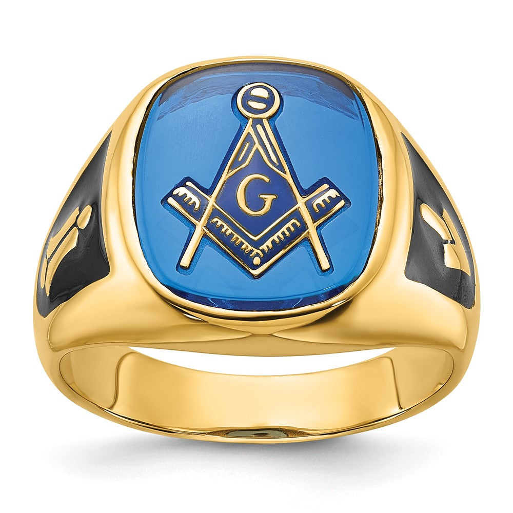 Solid;Polished;14k Yellow gold;Open back;Antique finish;Synthetic;Avail. in 10k yellow gold;Avail. in 18k yellow gold;Avail. in 14k white gold;Avail. in platinum;Not engraveable;Sizing 2-3 weeks;Avail. in 10k white gold;Avail. in 18k white gold;Mens;Simulated blue spinel