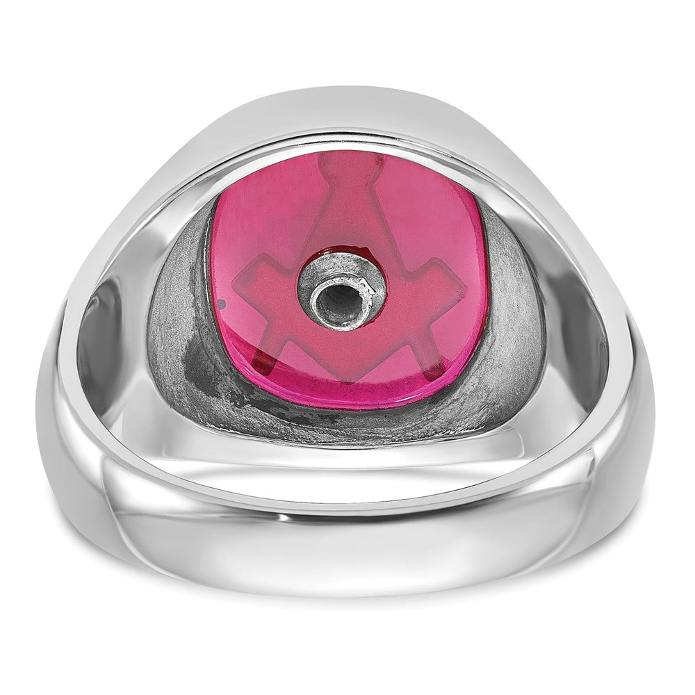 14k White Gold Men's Polished and Textured with Black Enamel and Lab Created Ruby Masonic Ring