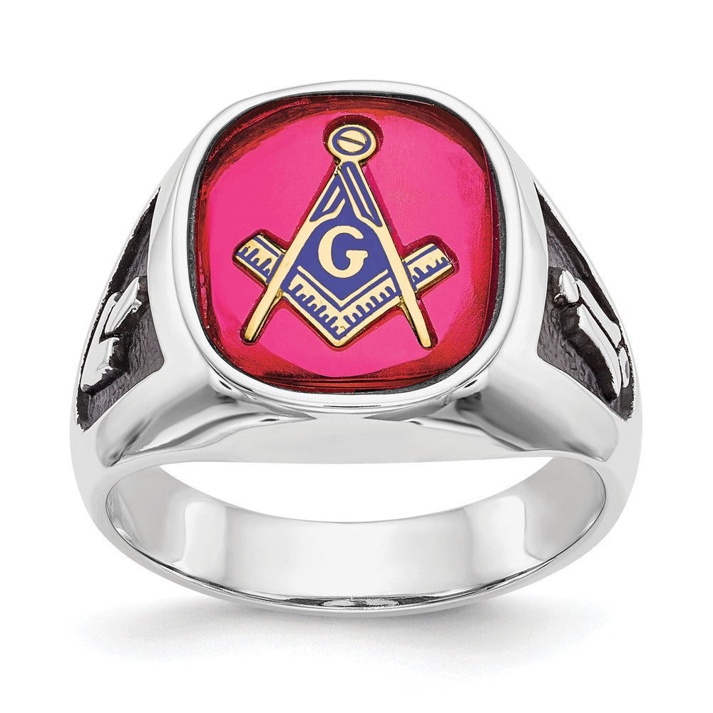 Solid;Polished;14K White gold;Open back;Antique finish;Synthetic;Avail. in 10k yellow gold;Avail. in 18k yellow gold;Avail. in 14k yellow gold;Avail. in platinum;Not engraveable;Sizing 2-3 weeks;Avail. in 10k white gold;Avail. in 18k white gold;Mens;Simulated ruby