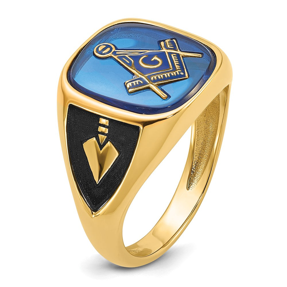 14k Men's Polished, Antiqued and Textured with Imitation Blue Spinel Masonic Ring
