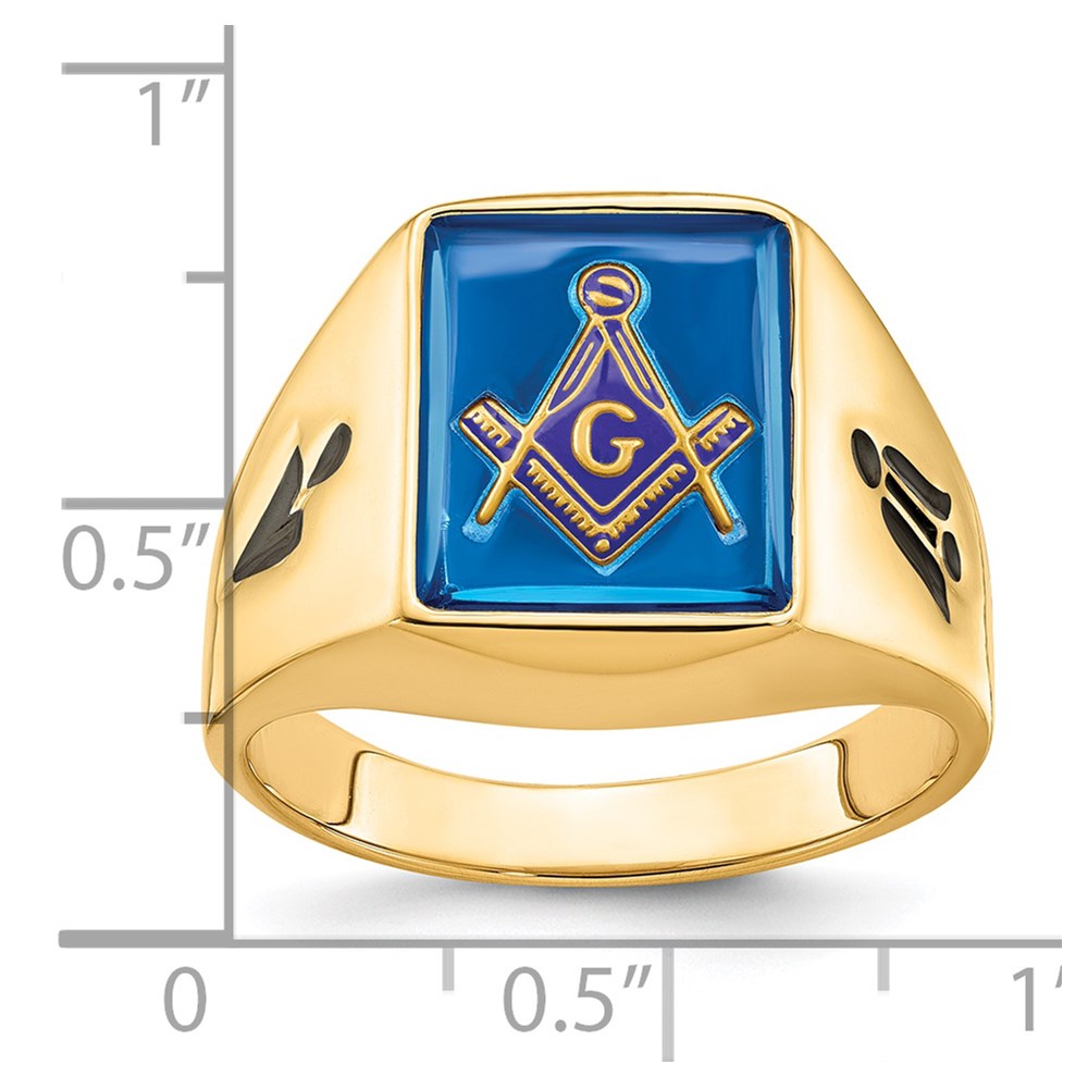14k Men's Polished and Grooved with Black Enamel and Imitation Blue Spinel Masonic Ring