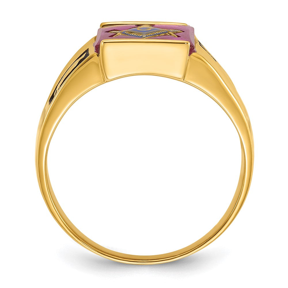14k Men's Polished and Textured with Black Enamel and Lab Created Ruby Masonic Ring