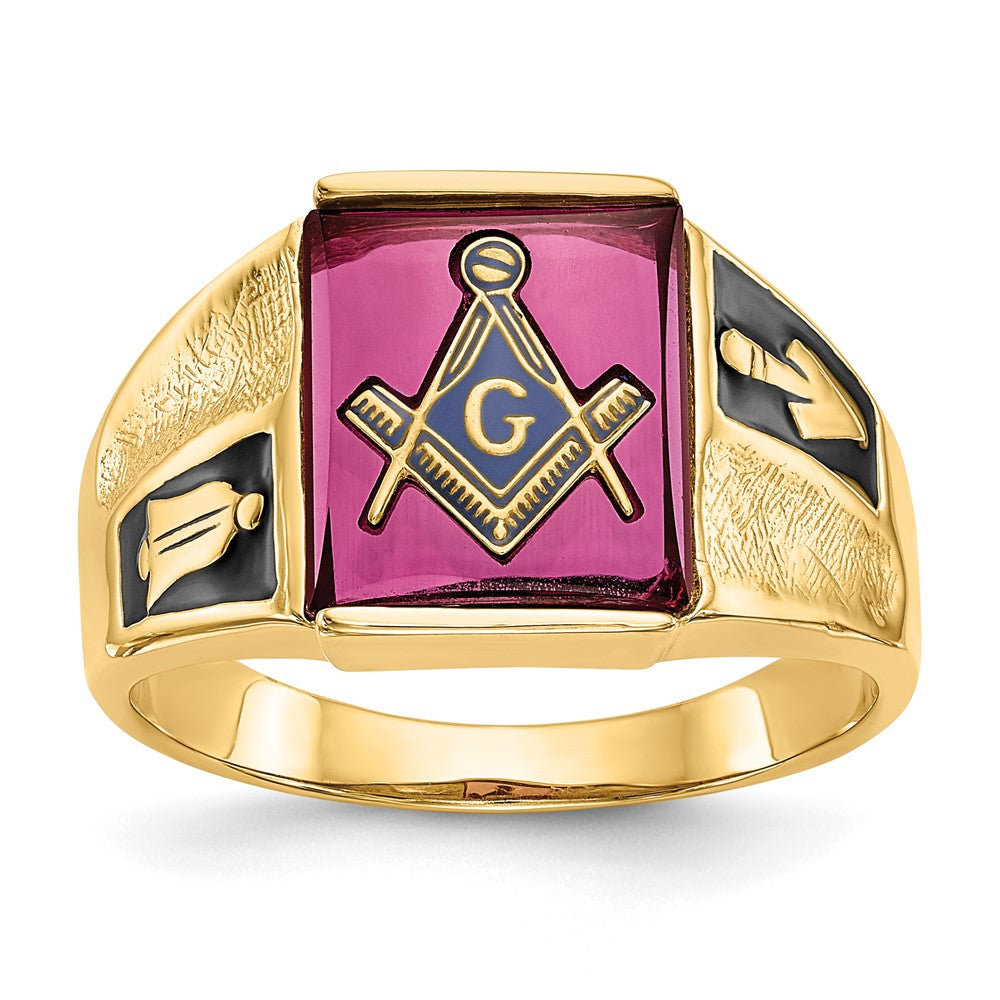14k Yellow gold;Open back;Synthetic;Avail. in 10k yellow gold;Avail. in 18k yellow gold;Avail. in 14k white gold;Avail. in platinum;Not engraveable;Sizing 2-3 weeks;Avail. in 10k white gold;Avail. in 18k white gold;Mens;Simulated ruby