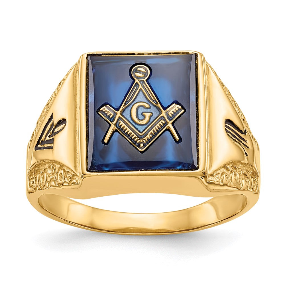 14k Yellow gold;Closed back;Synthetic;Avail. in 10k yellow gold;Avail. in 18k yellow gold;Avail. in 14k white gold;Avail. in platinum;Not engraveable;Sizing 2-3 weeks;Avail. in 10k white gold;Avail. in 18k white gold;Mens;Simulated blue spinel