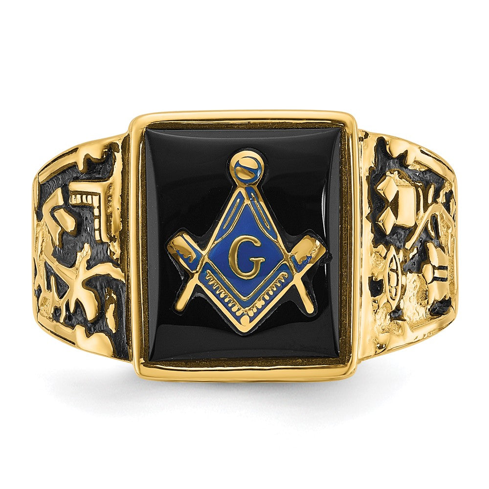 14k Men's Polished and Textured with Black Enamel and Onyx Masonic Ring