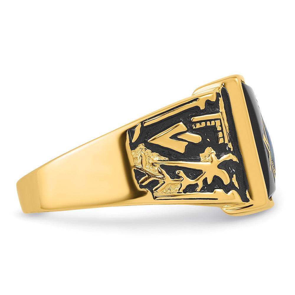 14k Men's Polished and Textured with Black Enamel and Onyx Masonic Ring