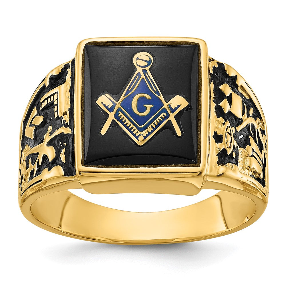 14k Yellow gold;Closed back;Onyx;Avail. in 10k yellow gold;Avail. in 18k yellow gold;Avail. in 14k white gold;Avail. in platinum;Not engraveable;Sizing 2-3 weeks;Avail. in 10k white gold;Avail. in 18k white gold;Mens