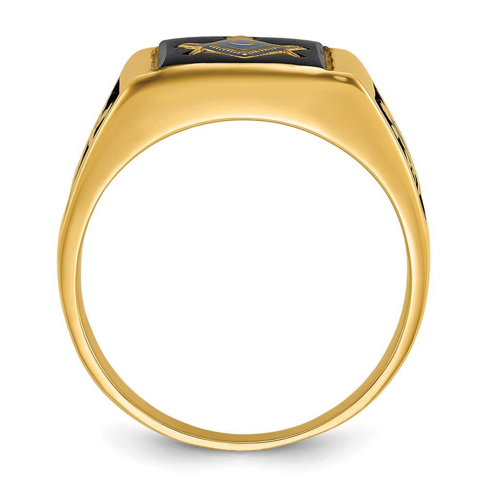 14k Men's Polished and Textured with Black Enamel & Onyx Masonic Ring