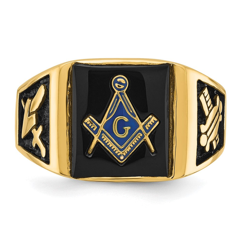 14k Men's Polished and Textured with Black Enamel & Onyx Masonic Ring
