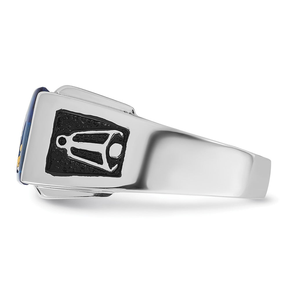 14k White Gold Men's Polished and Textured with Black Enamel, Diamond and Imitation Blue Spinel Masonic Ring