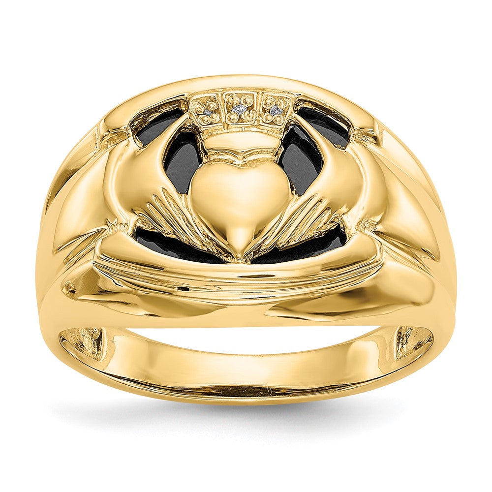 Casted;Polished;14k Yellow gold;Open back;Diamond;Onyx;Avail. in 10k yellow gold;Avail. in 18k yellow gold;Avail. in 14k white gold;Avail. in platinum;Prong set;Round;Sizing 2-3 weeks;Avail. in 10k white gold;Avail. in 18k white gold;AA quality