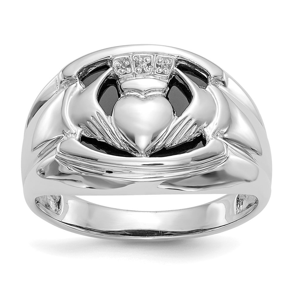 Casted;Polished;14K White gold;Open back;Diamond;Onyx;Avail. in 10k yellow gold;Avail. in 18k yellow gold;Avail. in 14k yellow gold;Avail. in platinum;Prong set;Round;Sizing 2-3 weeks;Avail. in 10k white gold;Avail. in 18k white gold;AA quality