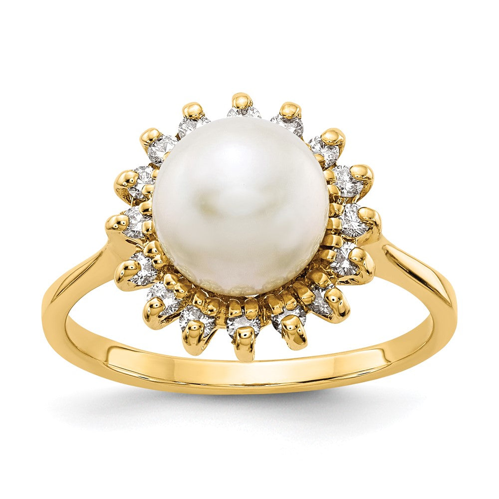 Casted;Polished;14k Yellow gold;Freshwater cultured pearl;Diamond;Avail. in 10k yellow gold;Avail. in 18k yellow gold;Prong set;Sizing 3-10 days;Avail. in 18k white gold;AA quality