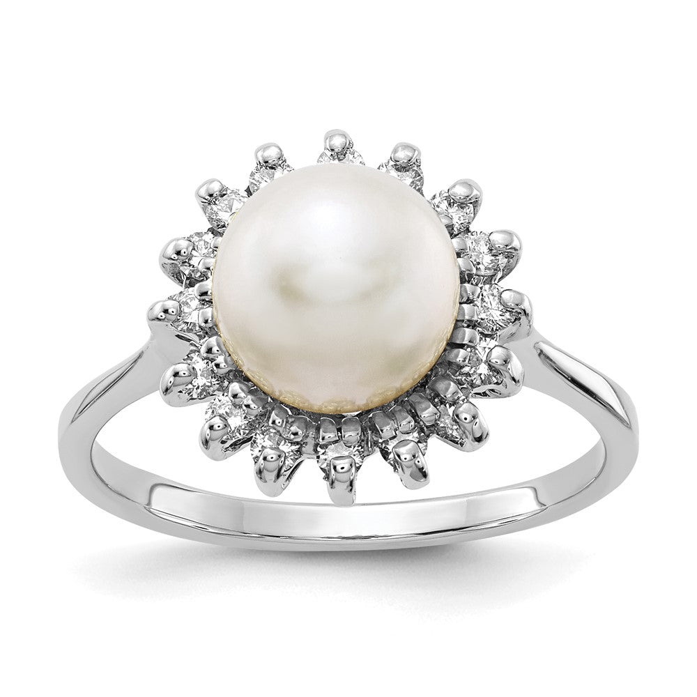 Casted;Polished;14K White gold;Freshwater cultured pearl;Diamond;Avail. in 10k yellow gold;Avail. in 18k yellow gold;Prong set;Sizing 3-10 days;Avail. in 18k white gold;AA quality