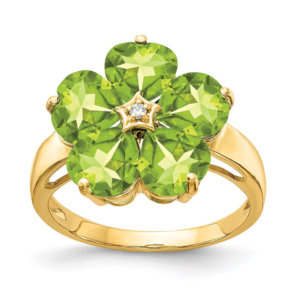 Casted;Polished;14k Yellow gold;Genuine;In-house sizing;Diamond;Peridot;Avail. in 10k yellow gold;Avail. in 18k yellow gold;Avail. in 14k white gold;Avail. in platinum;Avail. in 18k white gold;AA quality
