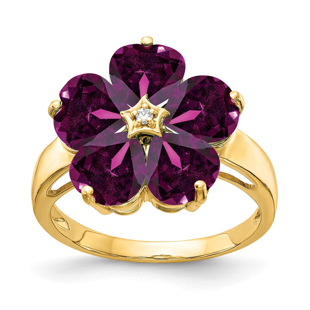 Casted;Polished;14k Yellow gold;Genuine;In-house sizing;Diamond;Rhodolite garnet;Avail. in 10k yellow gold;Avail. in 18k yellow gold;Avail. in 14k white gold;Avail. in platinum;Avail. in 18k white gold;AA quality