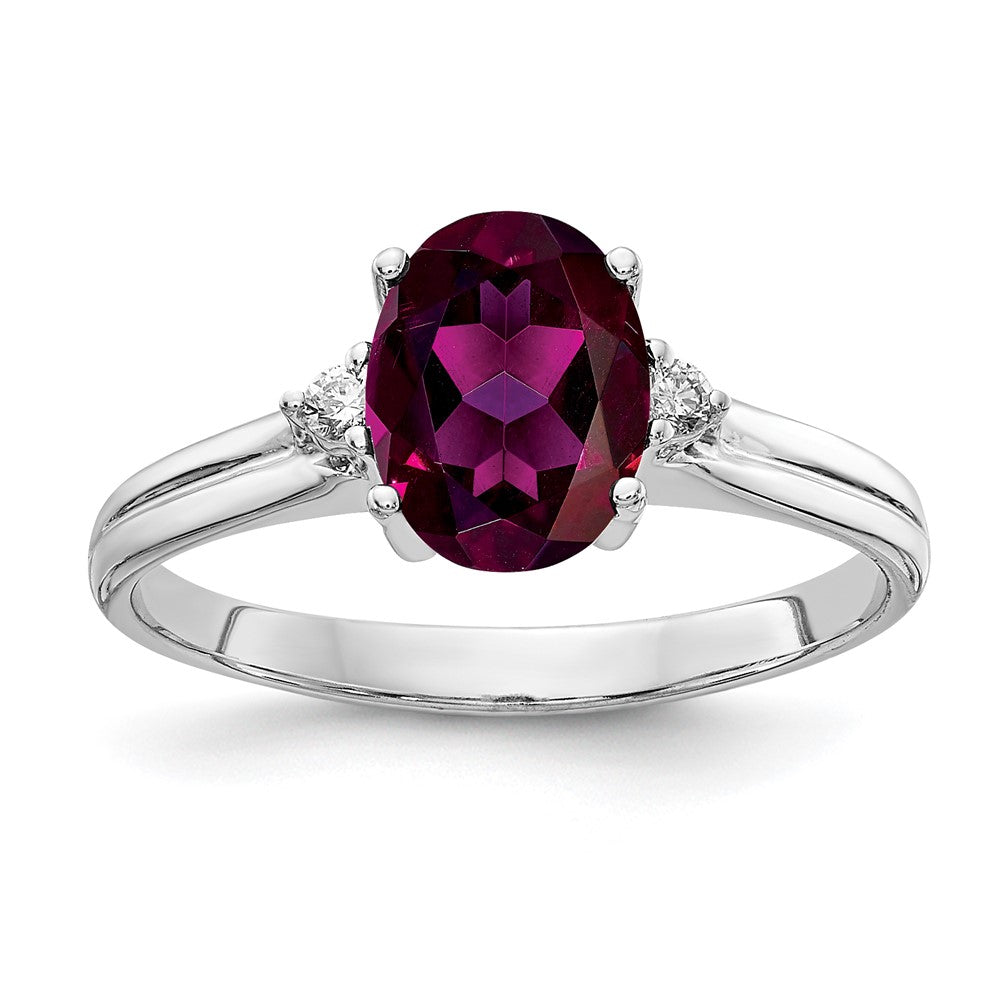 Casted;Polished;14K White gold;Genuine;In-house sizing;Diamond;Rhodolite garnet;Avail. in 10k yellow gold;Avail. in 18k yellow gold;Avail. in 14k yellow gold;Avail. in platinum;Avail. in 18k white gold;AA quality