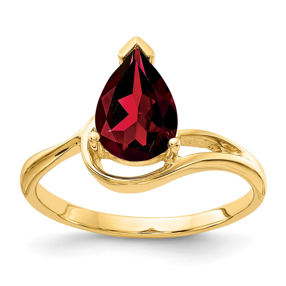Casted;Polished;14k Yellow gold;Genuine;In-house sizing;Garnet;Avail. in 10k yellow gold;Avail. in 18k yellow gold;Avail. in 14k white gold;Avail. in platinum;Avail. in 18k white gold
