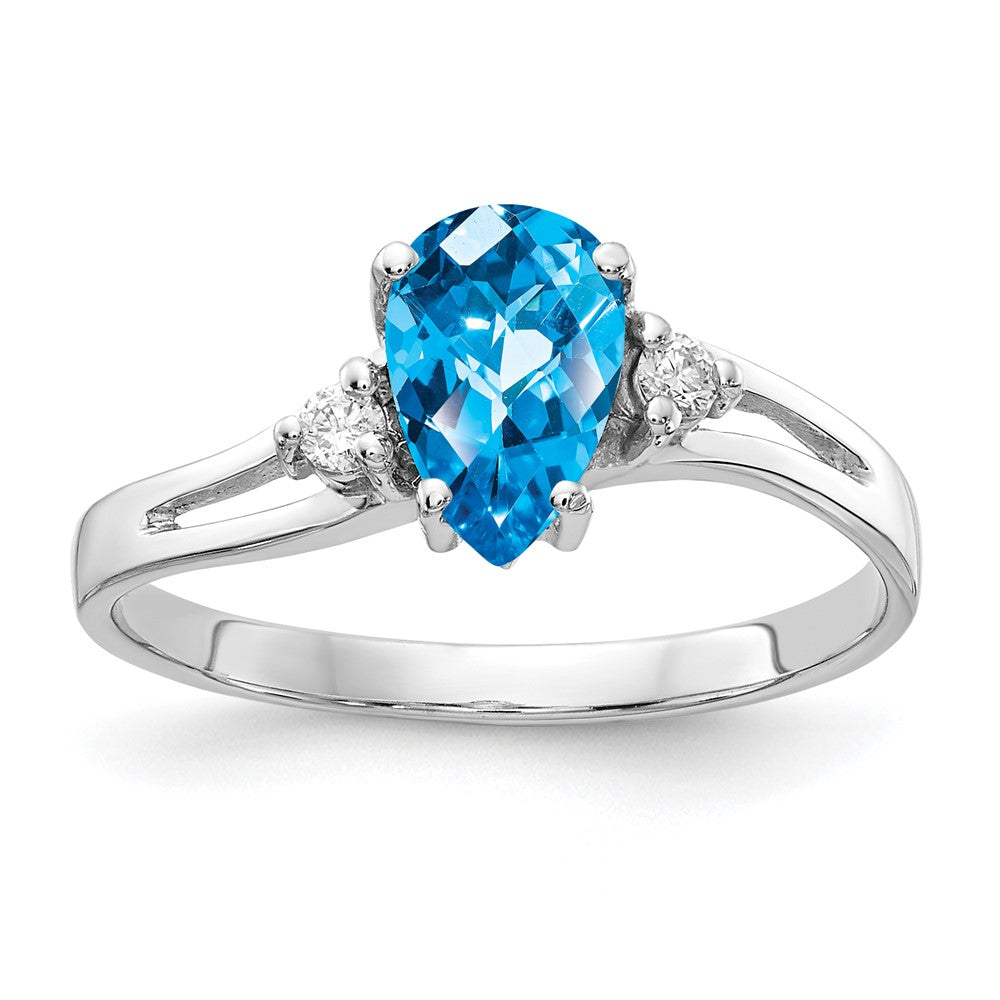 Casted;Polished;14K White gold;Genuine;In-house sizing;Blue topaz;Diamond;Avail. in 10k yellow gold;Avail. in 18k yellow gold;Avail. in 14k yellow gold;Avail. in platinum;Avail. in 18k white gold;AA quality