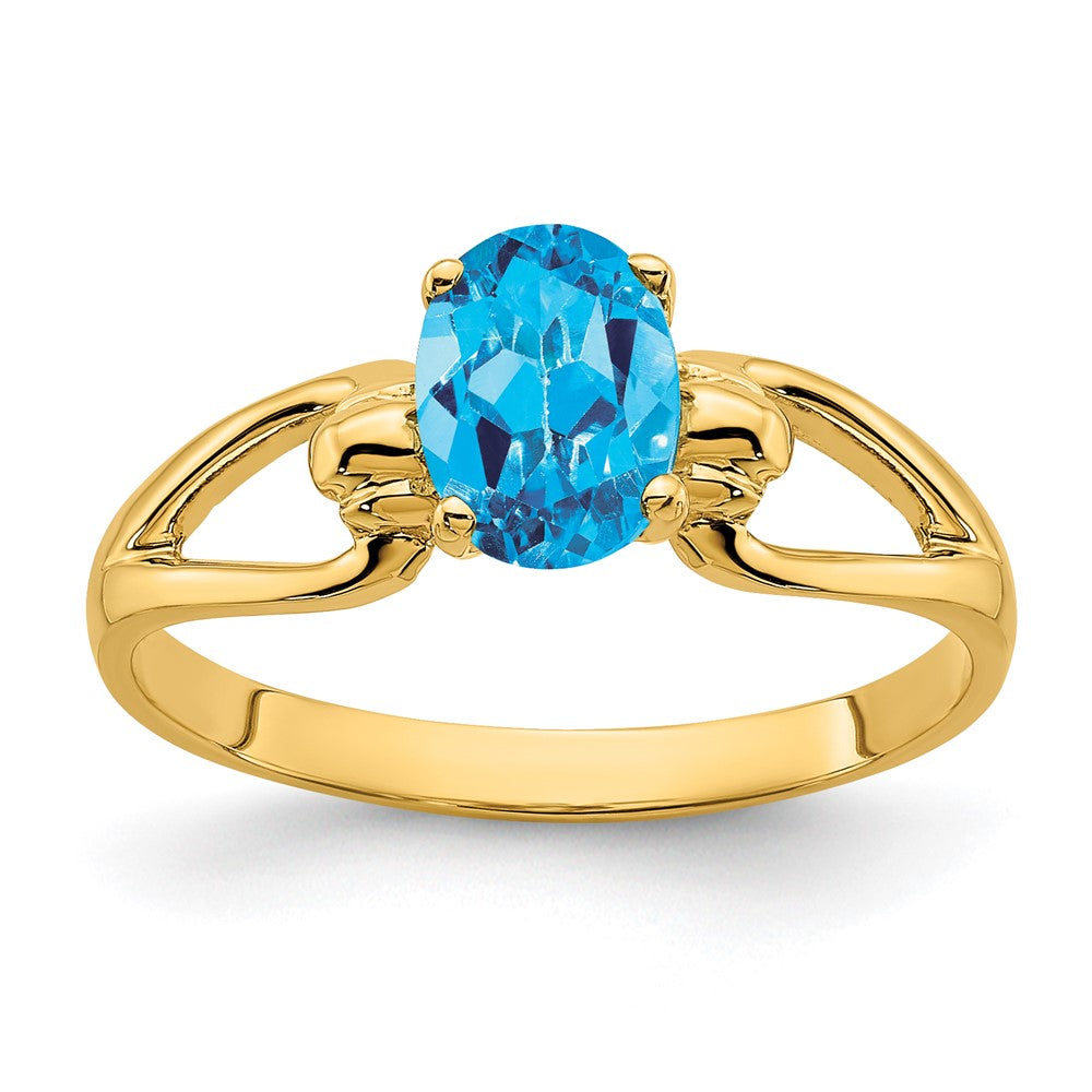 Casted;Polished;14k Yellow gold;Genuine;In-house sizing;Blue topaz;Avail. in 10k yellow gold;Avail. in 18k yellow gold;Avail. in platinum;Avail. in 18k white gold;Oval