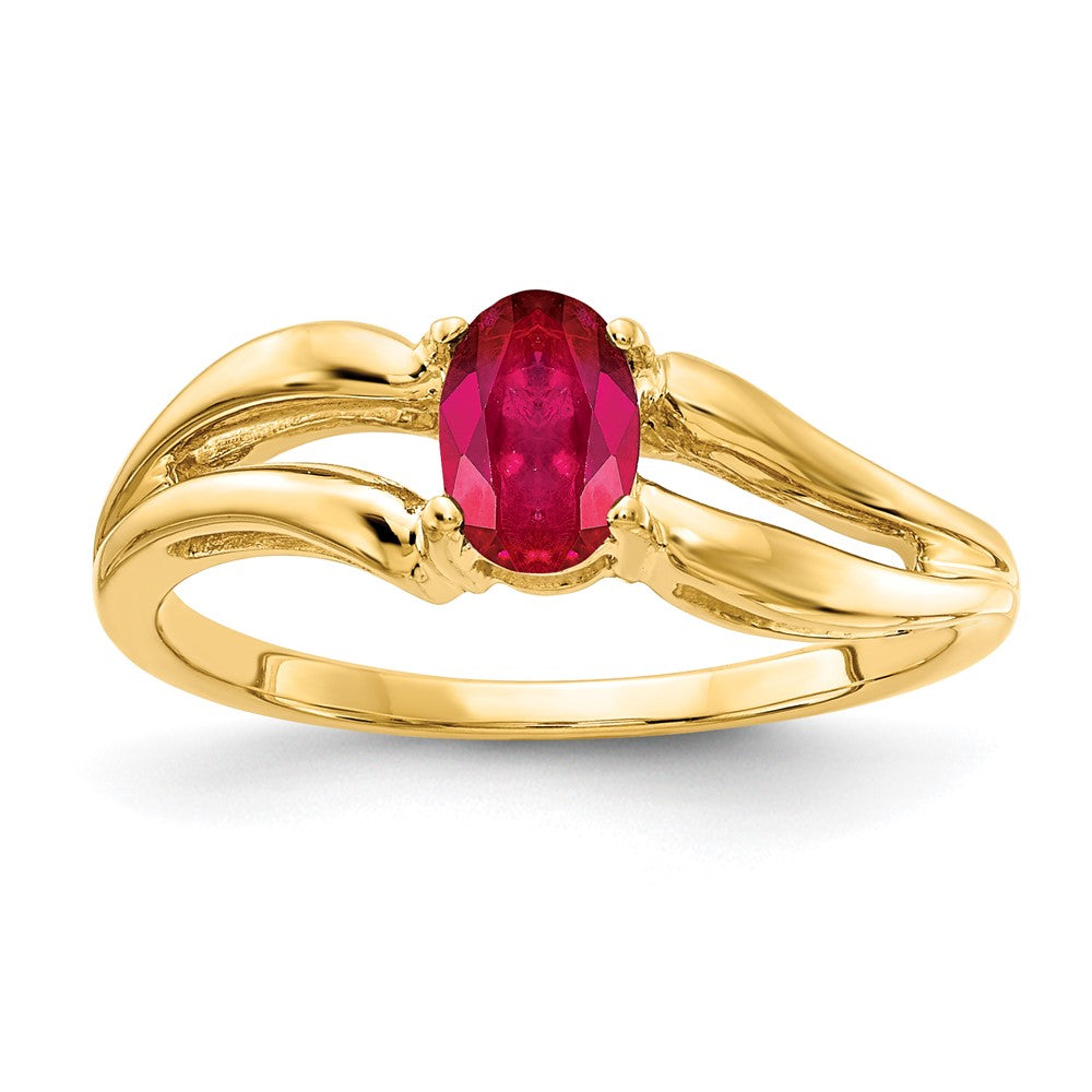 Casted;Polished;14k Yellow gold;Genuine;In-house sizing;Ruby;Avail. in 10k yellow gold;Avail. in 18k yellow gold;Avail. in 14k white gold;Avail. in platinum;Avail. in 18k white gold;Oval