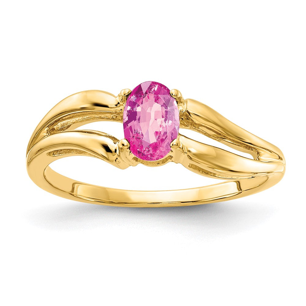 Casted;Polished;14k Yellow gold;Genuine;In-house sizing;Avail. in 10k yellow gold;Avail. in 18k yellow gold;Avail. in 14k white gold;Avail. in platinum;Avail. in 18k white gold;Pink sapphire;Oval
