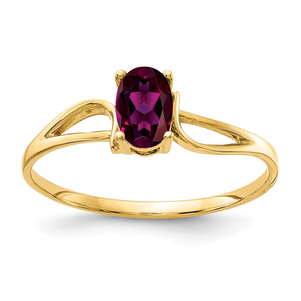 Casted;Polished;14k Yellow gold;Genuine;In-house sizing;Rhodolite garnet;Avail. in 10k yellow gold;Avail. in 18k yellow gold;Avail. in platinum;Avail. in 18k white gold;Oval