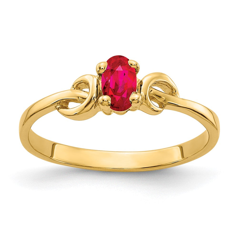Casted;Polished;14k Yellow gold;Genuine;In-house sizing;Ruby;Avail. in 10k yellow gold;Avail. in 18k yellow gold;Avail. in platinum;Avail. in 18k white gold;Oval