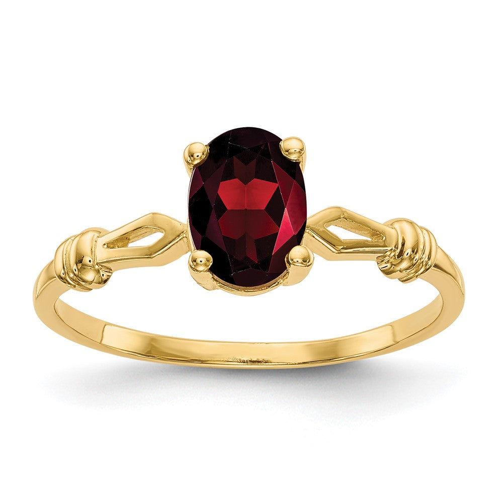 Casted;Polished;14k Yellow gold;Genuine;In-house sizing;Garnet;Avail. in 10k yellow gold;Avail. in 18k yellow gold;Avail. in platinum;Avail. in 18k white gold;Oval