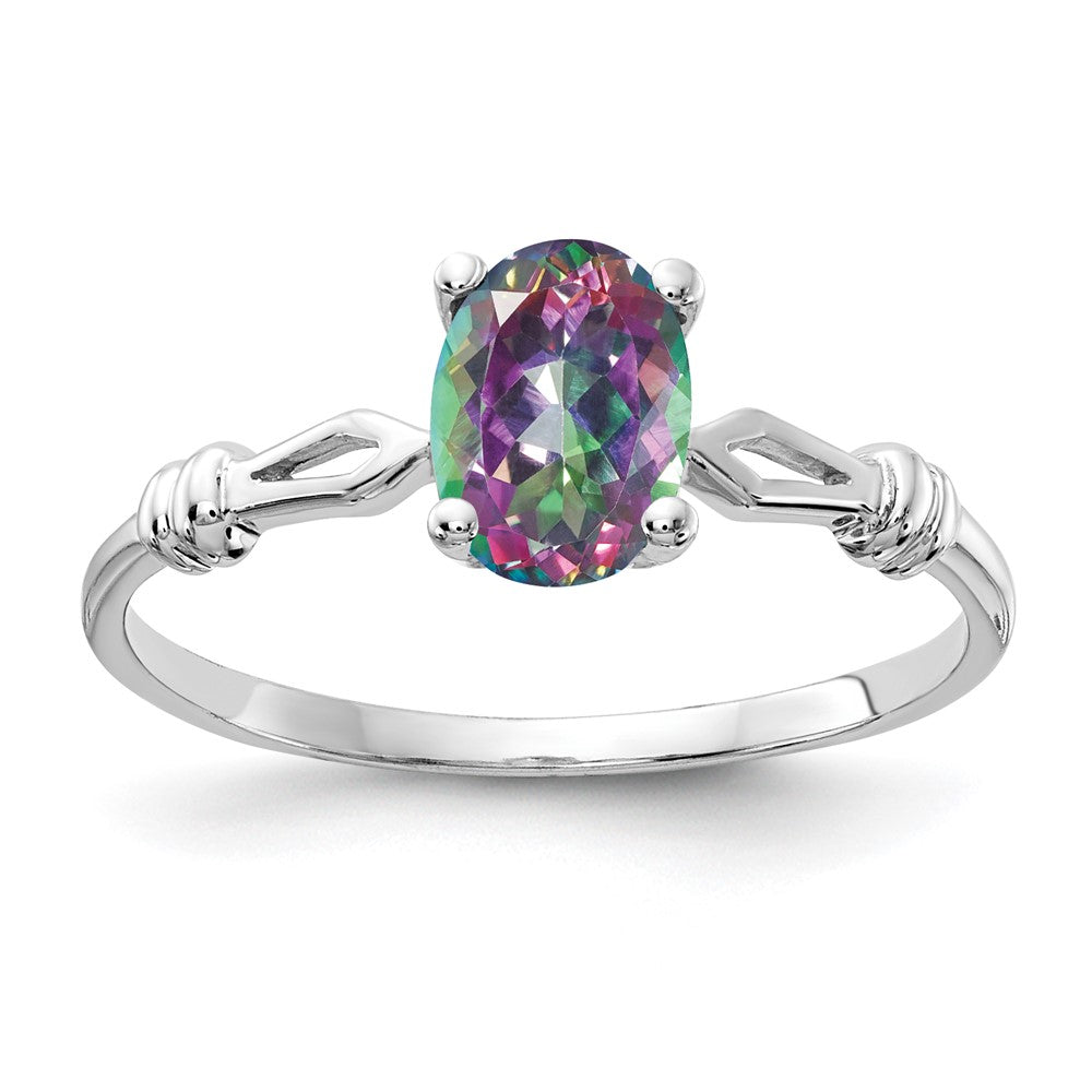 Casted;Polished;14K White gold;Genuine;In-house sizing;Avail. in 10k yellow gold;Avail. in 18k yellow gold;Avail. in platinum;Avail. in 18k white gold;Mystic fire topaz;Oval