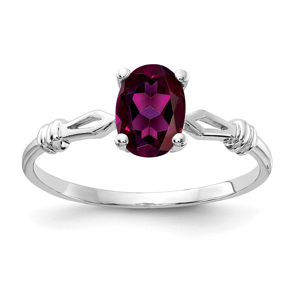 Casted;Polished;14K White gold;Genuine;In-house sizing;Rhodolite garnet;Avail. in 10k yellow gold;Avail. in 18k yellow gold;Avail. in platinum;Avail. in 18k white gold;Oval