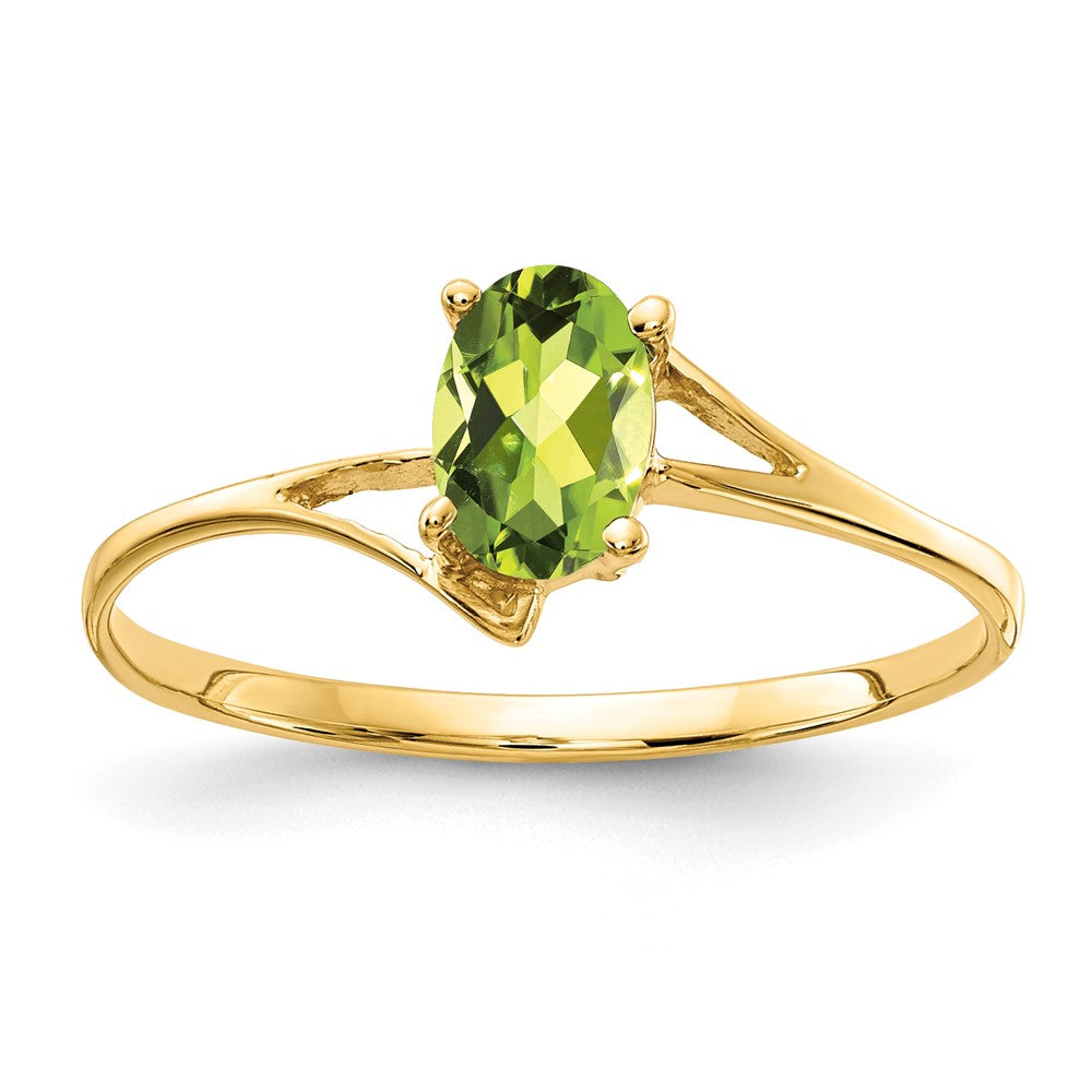 Casted;Polished;14k Yellow gold;Genuine;In-house sizing;Peridot;Avail. in 10k yellow gold;Avail. in 18k yellow gold;Avail. in platinum;Avail. in 18k white gold;Oval