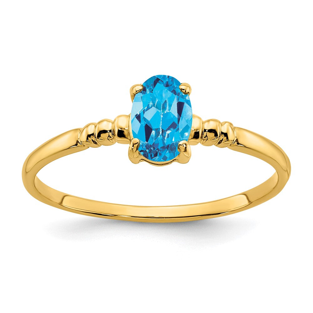 Casted;Polished;14k Yellow gold;Genuine;In-house sizing;Blue topaz;Avail. in 10k yellow gold;Avail. in 18k yellow gold;Avail. in platinum;Avail. in 18k white gold;Oval