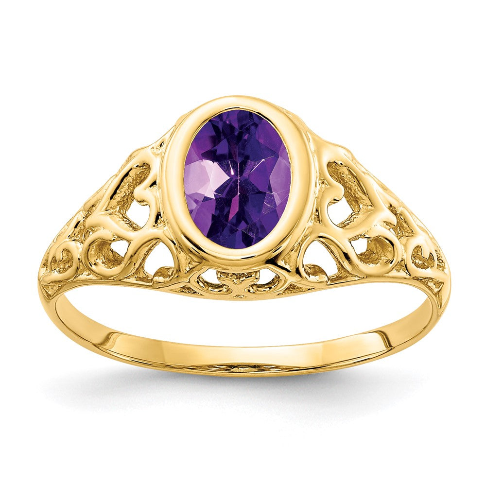 Casted;Polished;14k Yellow gold;Genuine;In-house sizing;Amethyst;Avail. in 10k yellow gold;Avail. in 18k yellow gold;Avail. in platinum;Avail. in 18k white gold;Oval