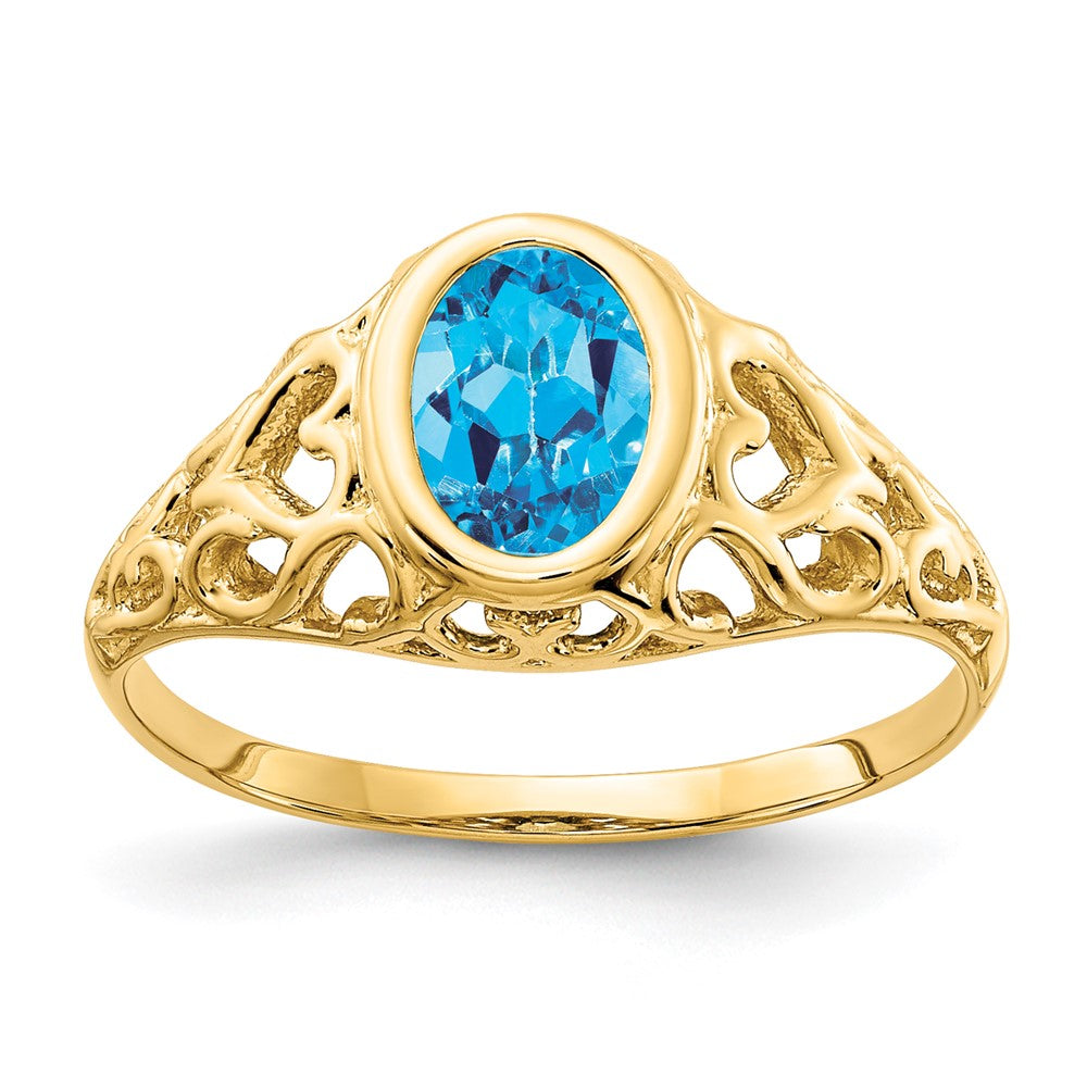 Casted;Polished;14k Yellow gold;Genuine;In-house sizing;Blue topaz;Avail. in 10k yellow gold;Avail. in 18k yellow gold;Avail. in platinum;Avail. in 18k white gold;Oval