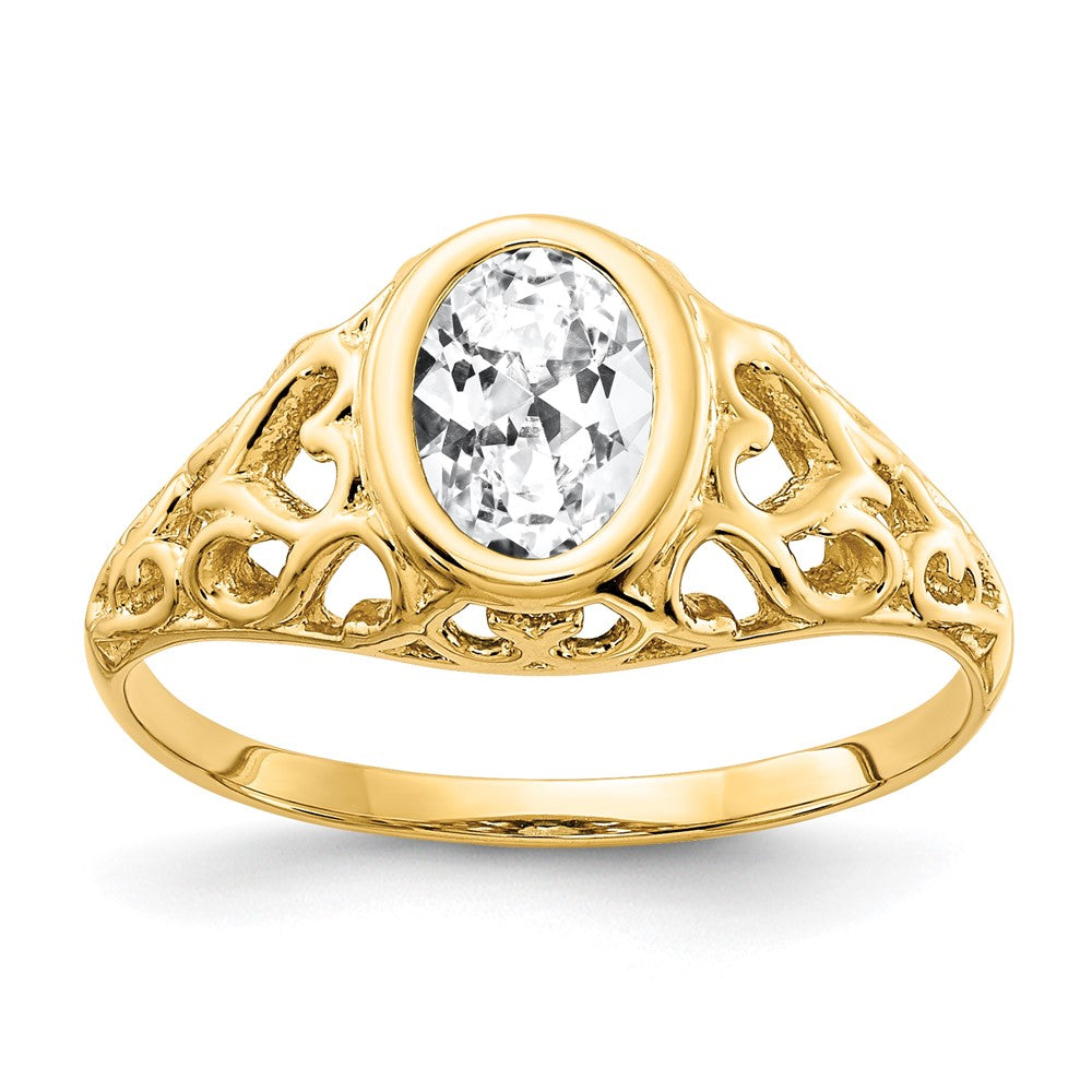 Casted;Polished;14k Yellow gold;In-house sizing;CZ;Avail. in 10k yellow gold;Avail. in 18k yellow gold;Avail. in platinum;Avail. in 18k white gold;Oval
