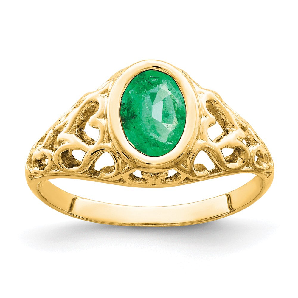 Casted;Polished;14k Yellow gold;Genuine;In-house sizing;Emerald;Avail. in 10k yellow gold;Avail. in 18k yellow gold;Avail. in platinum;Avail. in 18k white gold;Oval
