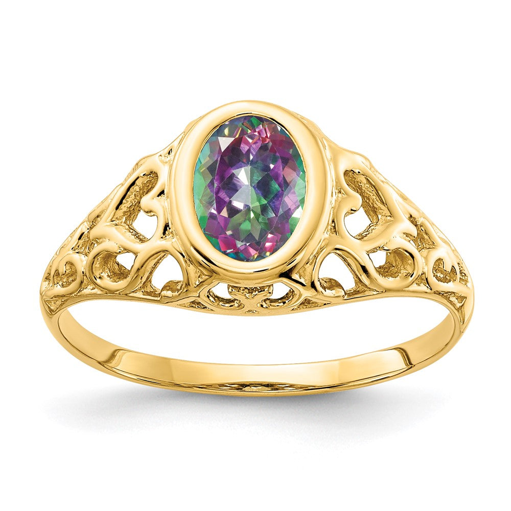 Casted;Polished;14k Yellow gold;Genuine;In-house sizing;Avail. in 10k yellow gold;Avail. in 18k yellow gold;Avail. in platinum;Avail. in 18k white gold;Mystic fire topaz;Oval