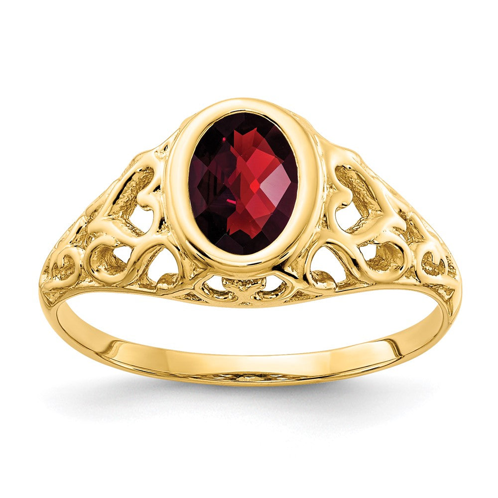 Casted;Polished;14k Yellow gold;Genuine;In-house sizing;Garnet;Avail. in 10k yellow gold;Avail. in 18k yellow gold;Avail. in platinum;Avail. in 18k white gold;Oval